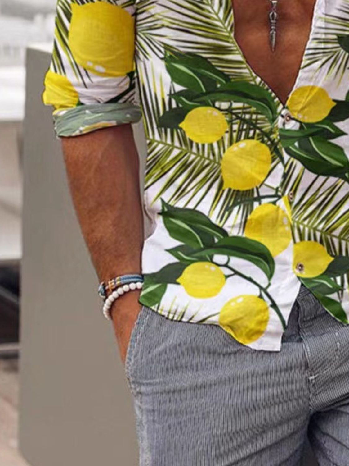 Men's Full Size Lemon Print Button Up Shirt Plus Size