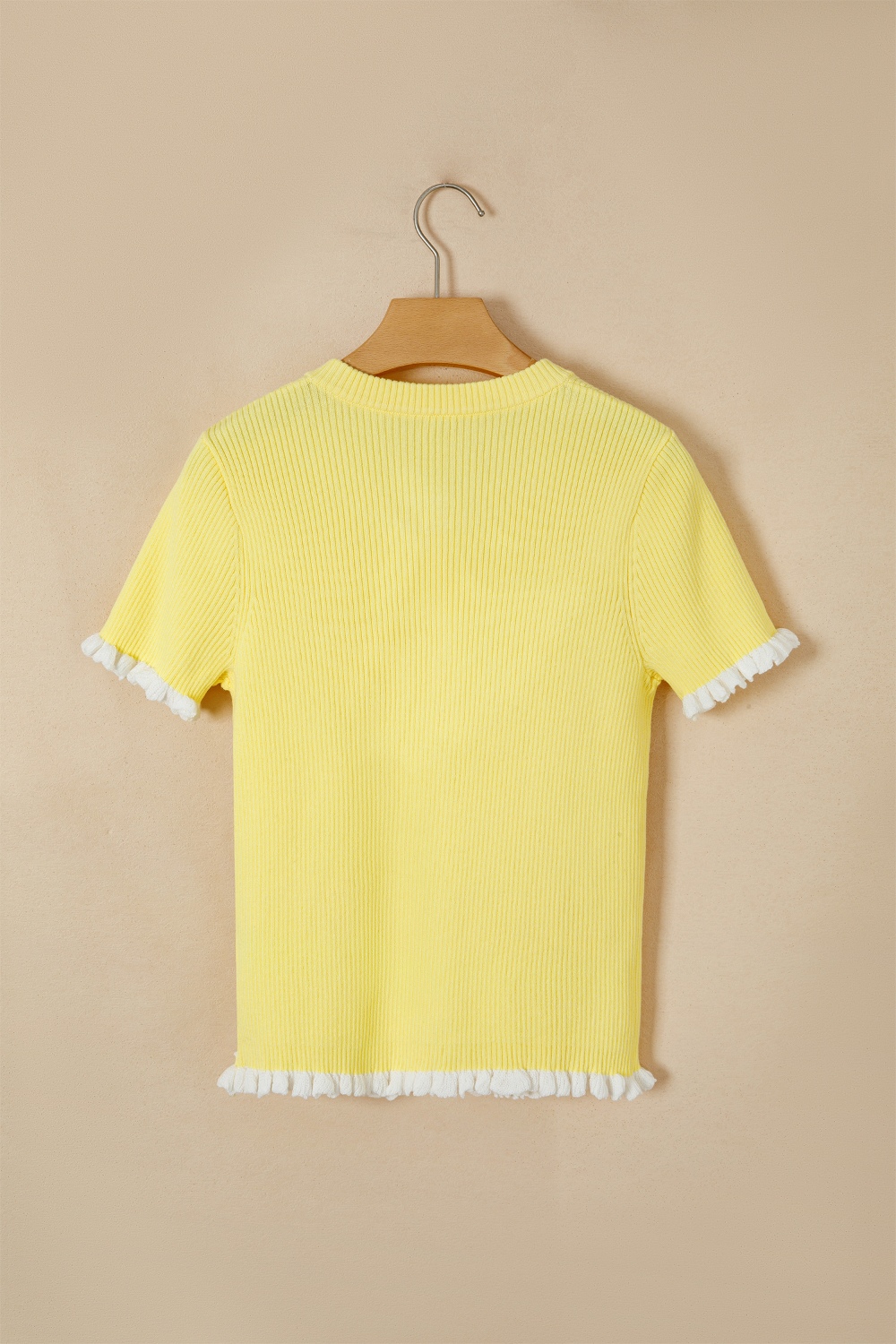 Ribbed Knit Contrast Frilled Short Sleeve Sweater Cardigan view 6