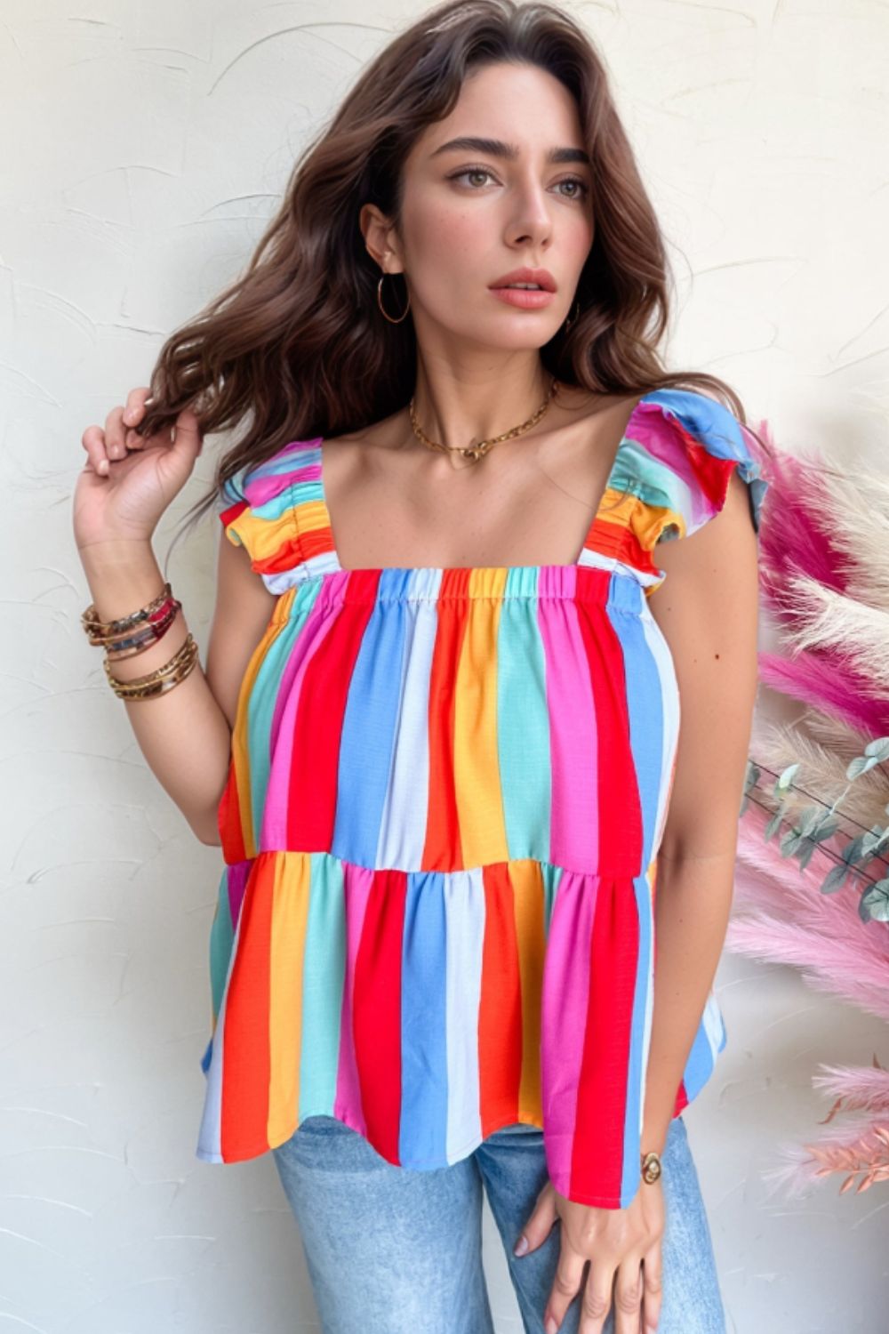 Stripe Ruffled Straps Babydoll Cami