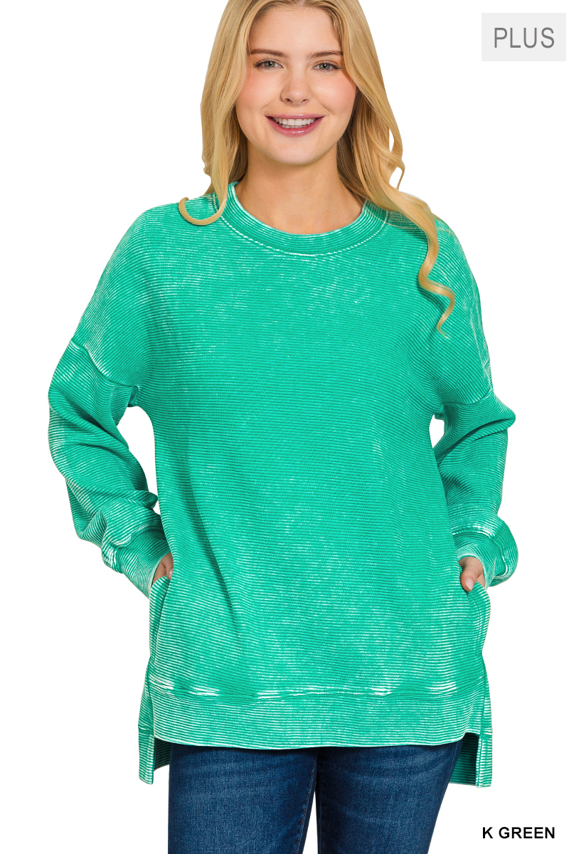 Full Size Acid Washed Double Ribbed Hi-low Sweatshirt Plus Size