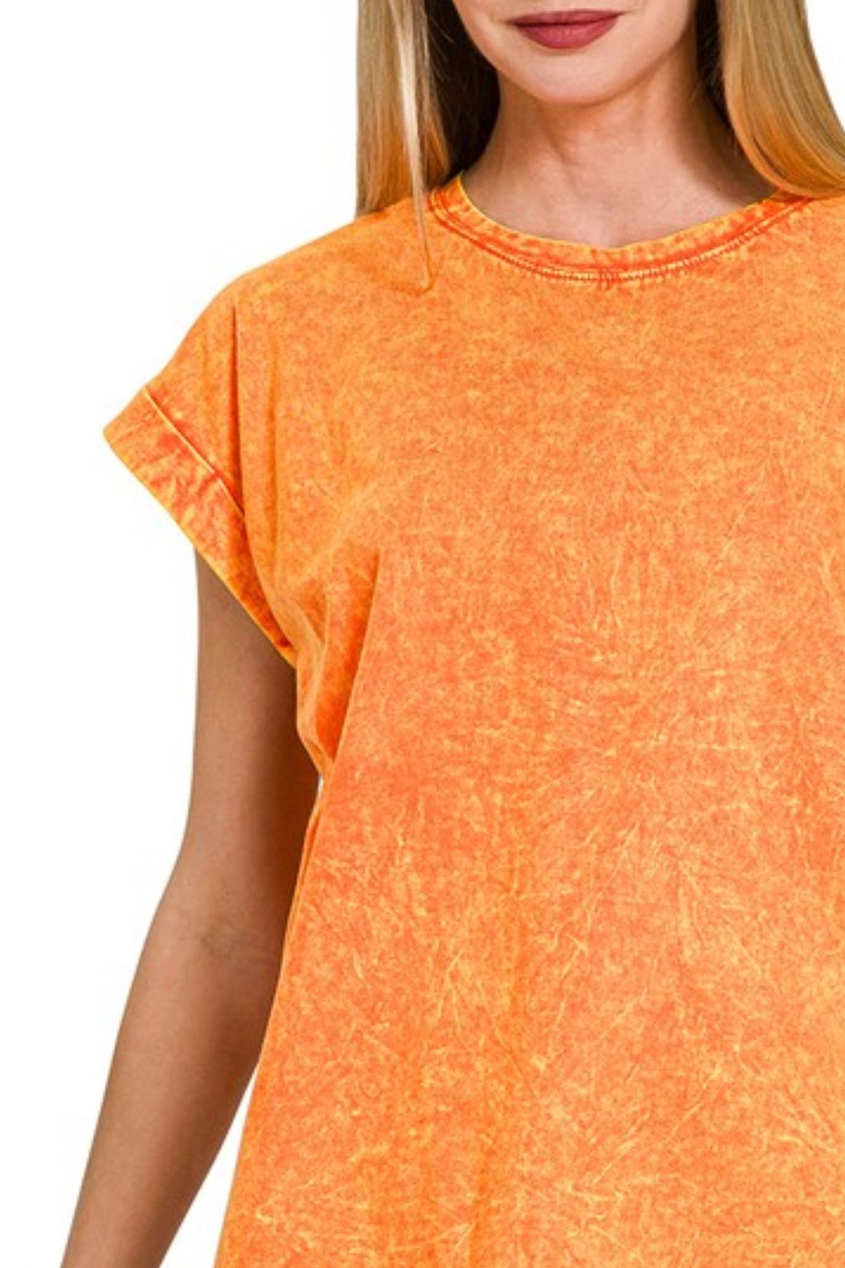 Crinkle Washed Round Neck Folded Short Sleeve Tee