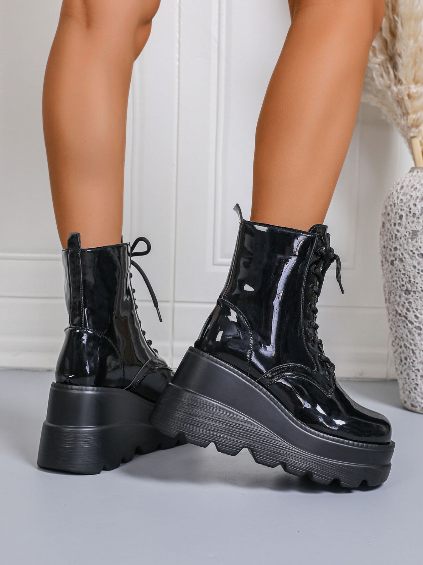 Lace Up Wedge Platform Boots