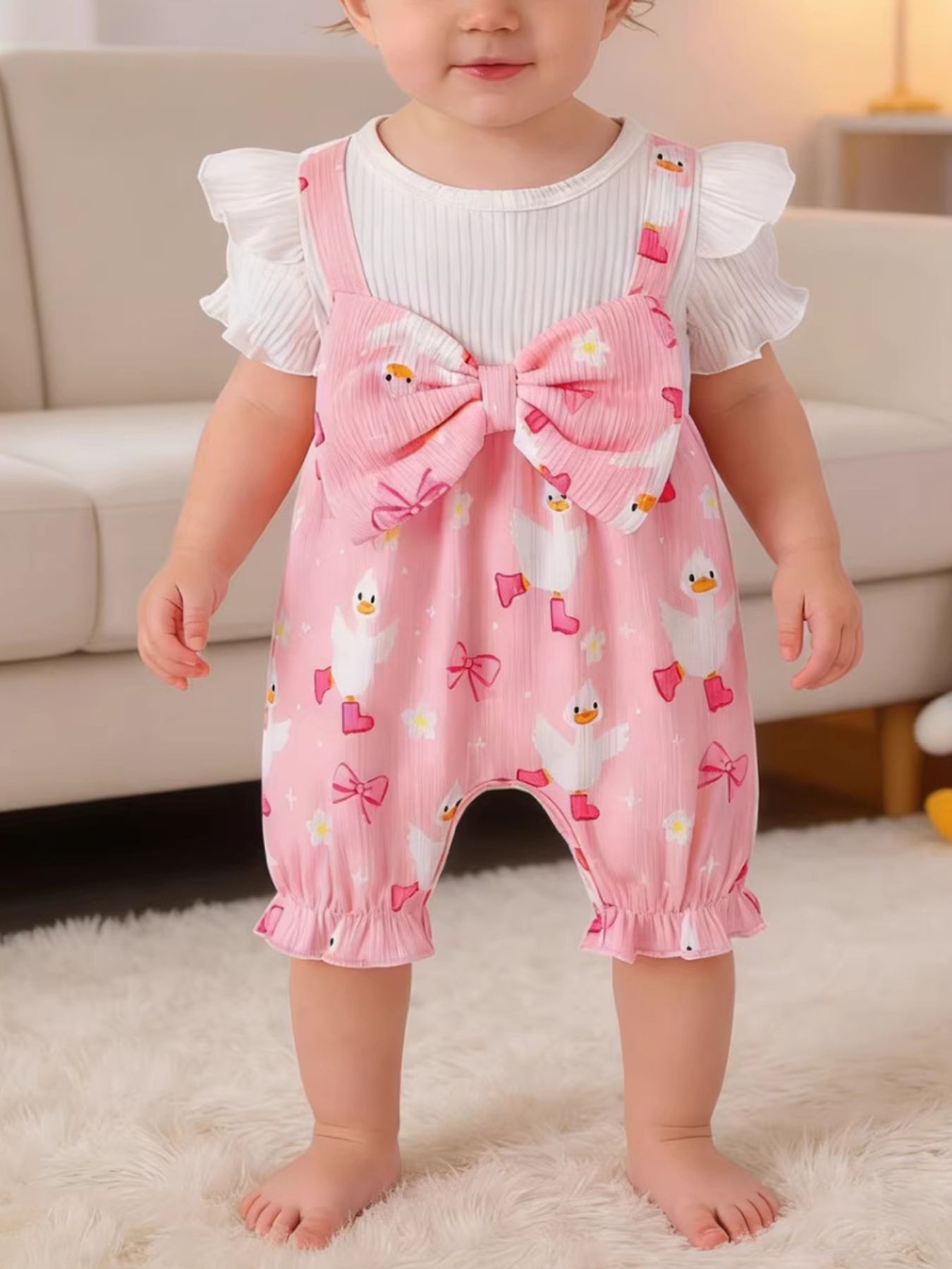 Children's Bow Duck Print Romper with Headband