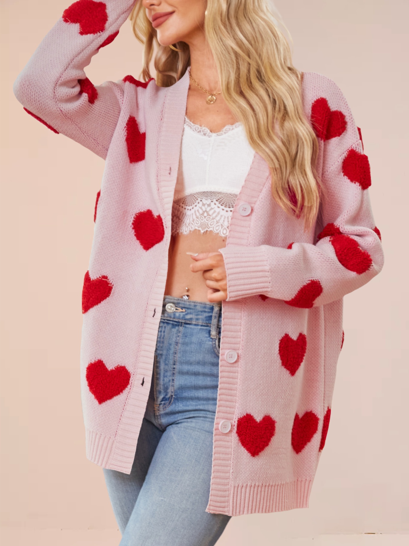 Heart Pattern Knit Button-Up Cardigan