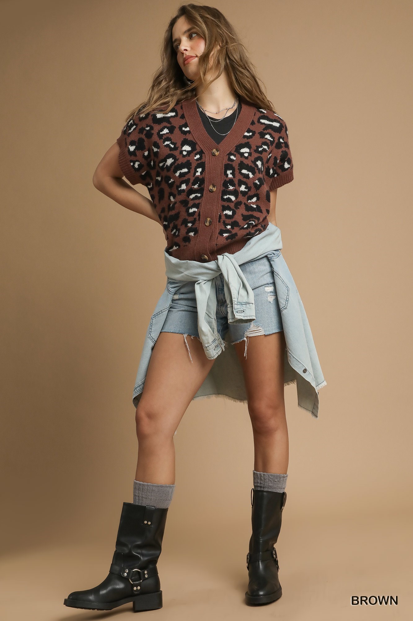 Umgee Leopard Button Down Short Sleeve Cardigan