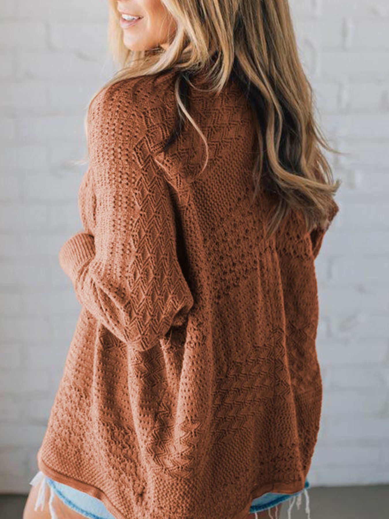 Open Front Knitted Cardigan with Eyelet Details