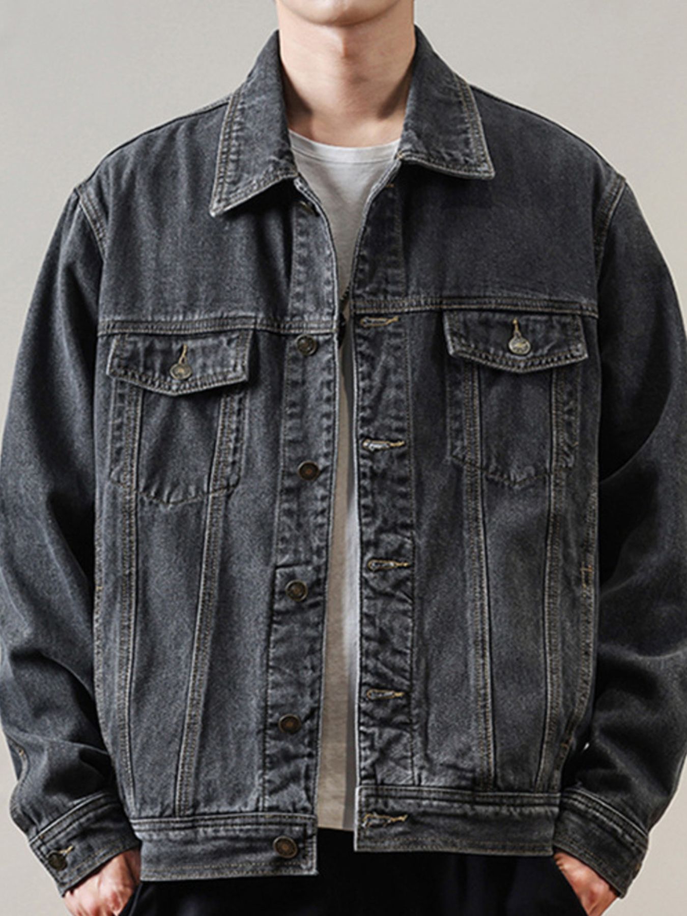 Men's Full Size Classic Washed Denim Jacket with Chest Pockets Plus Size