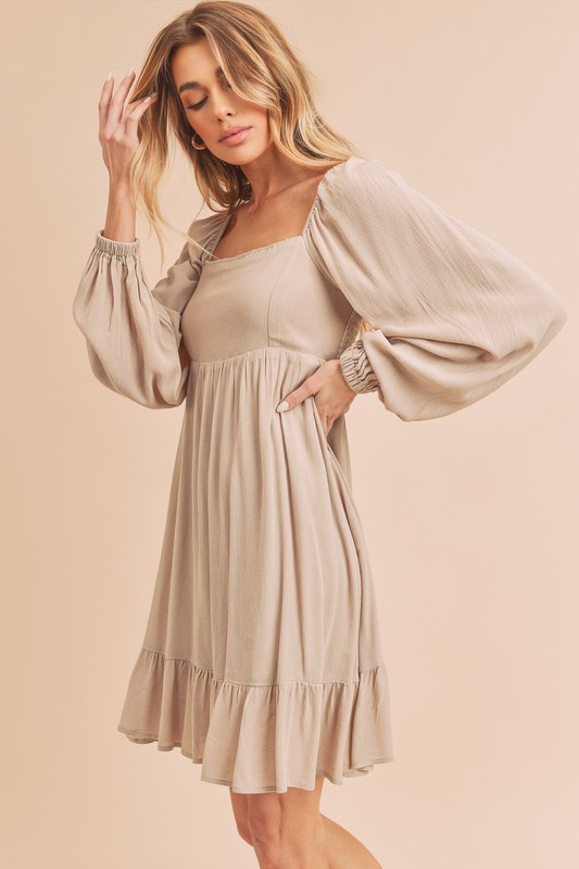 Ruffled Hem Square Neck Balloon Sleeve Mini Dress