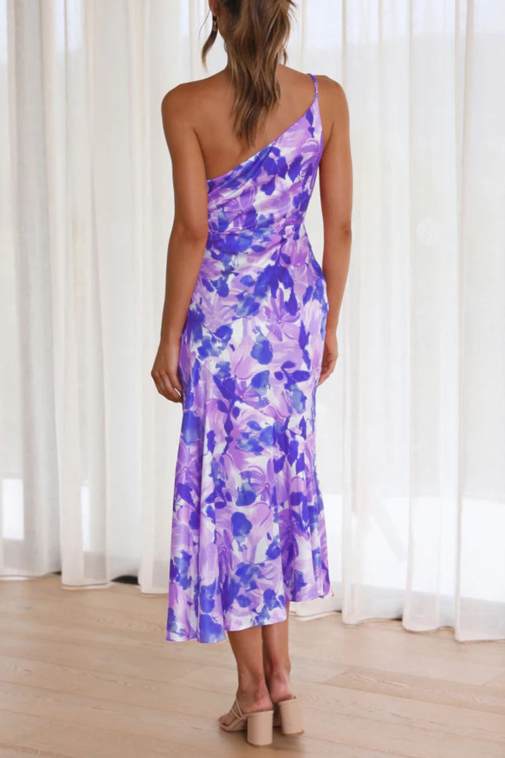 Ruched Printed Single Shoulder Midi Dress