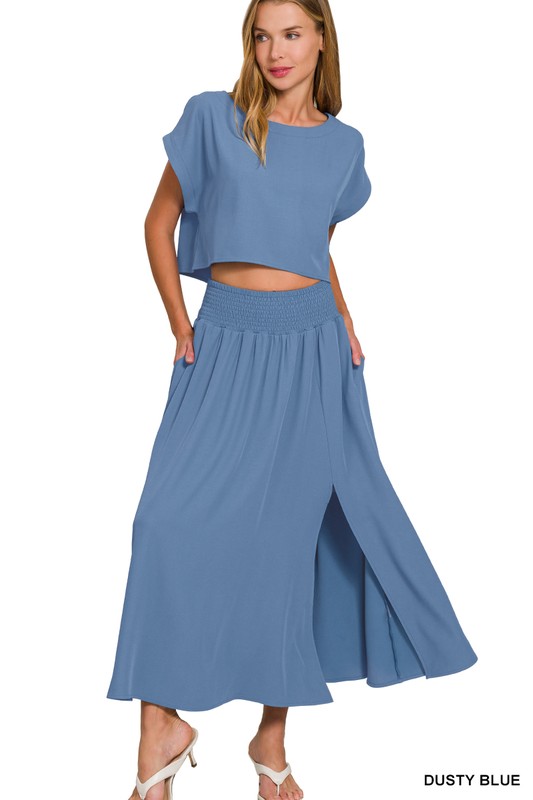 Woven Crinkle Gauze Crop Tee and Skirt Set