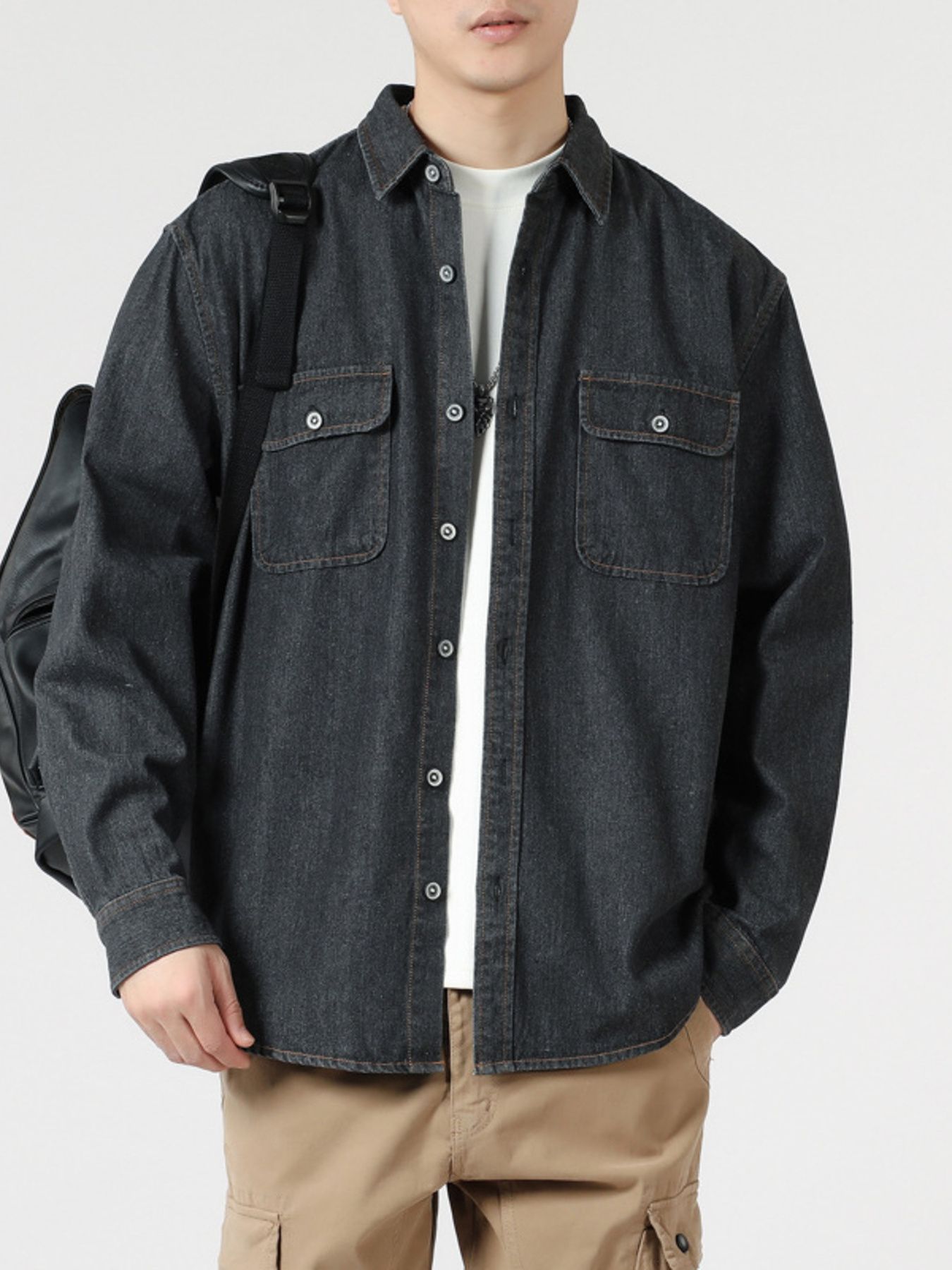 Men's Plus Size Wash Denim Shirt with Chest Pockets