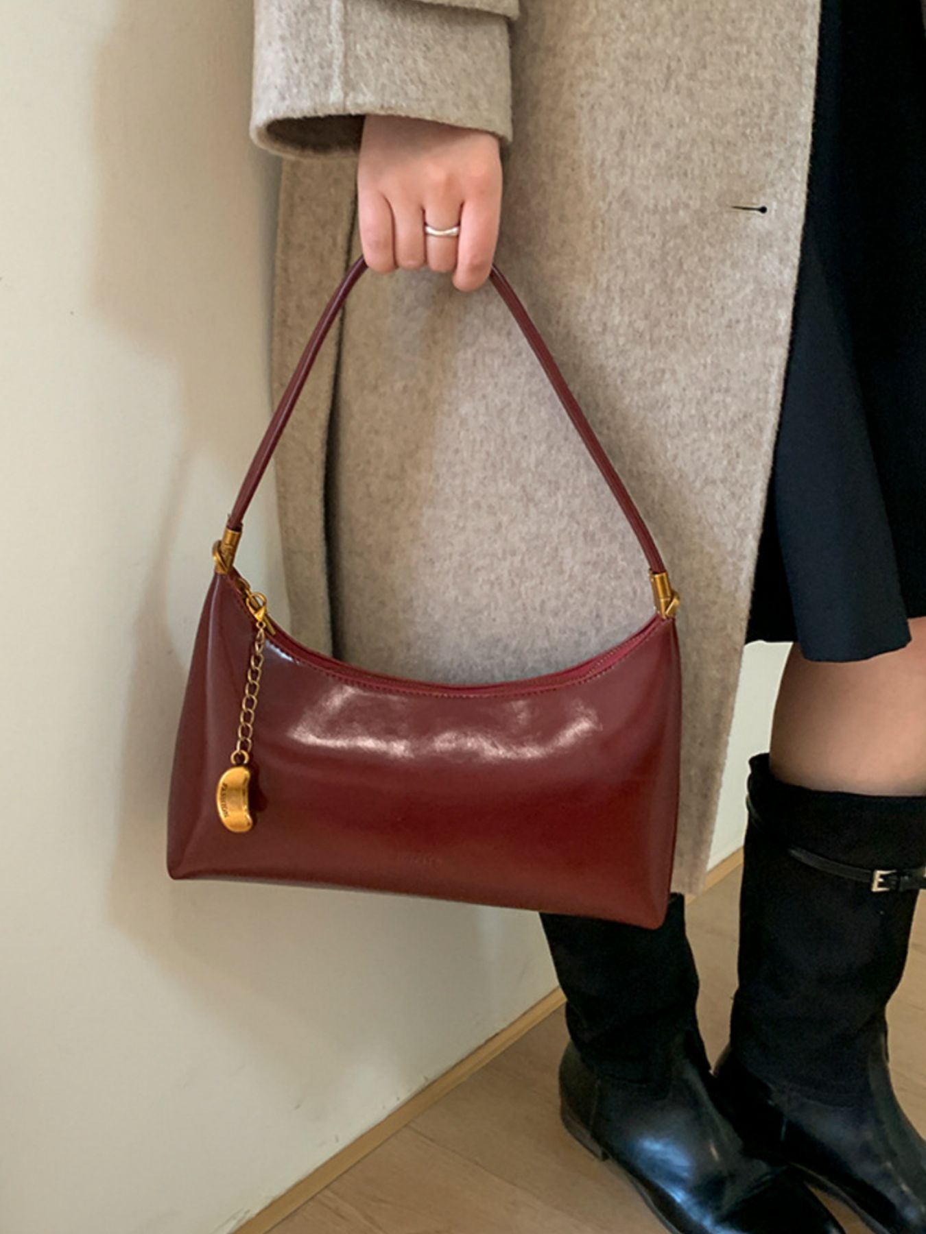 Chain Charm Leather Shoulder Bag