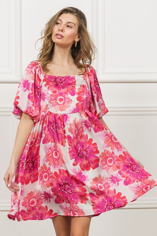 Floral Square Neck Puff Sleeve Mini Dress