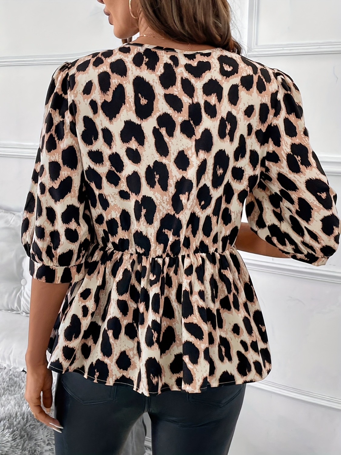 Tied Leopard Round Neck Half Sleeve Blouse