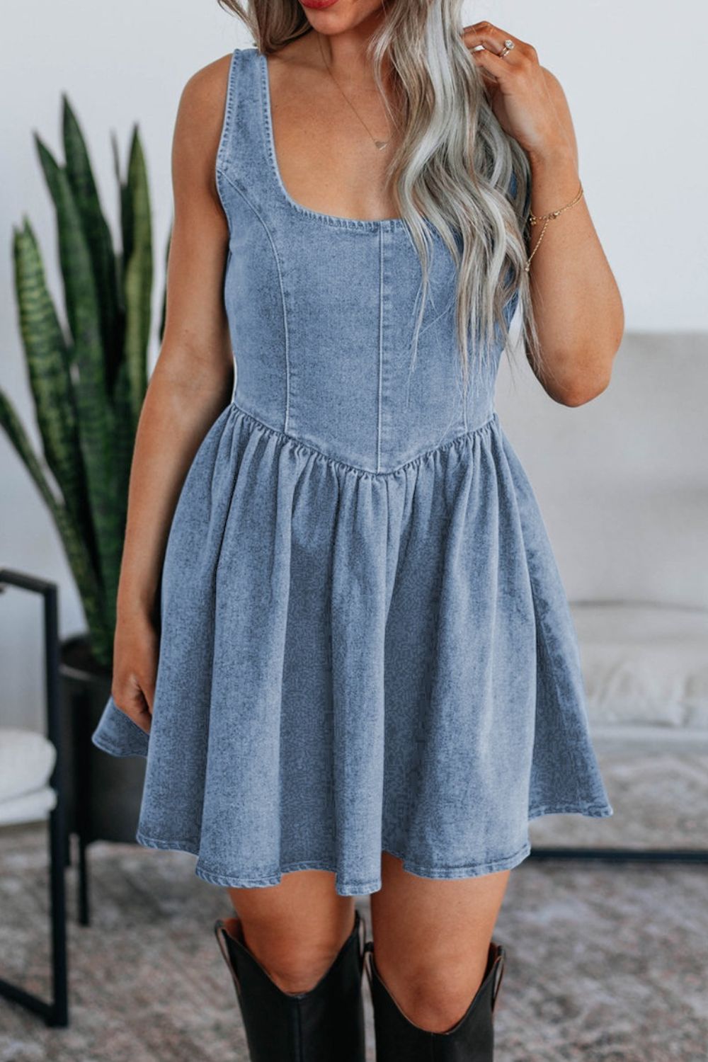 V-Back Bow Tie Denim Skater Dress