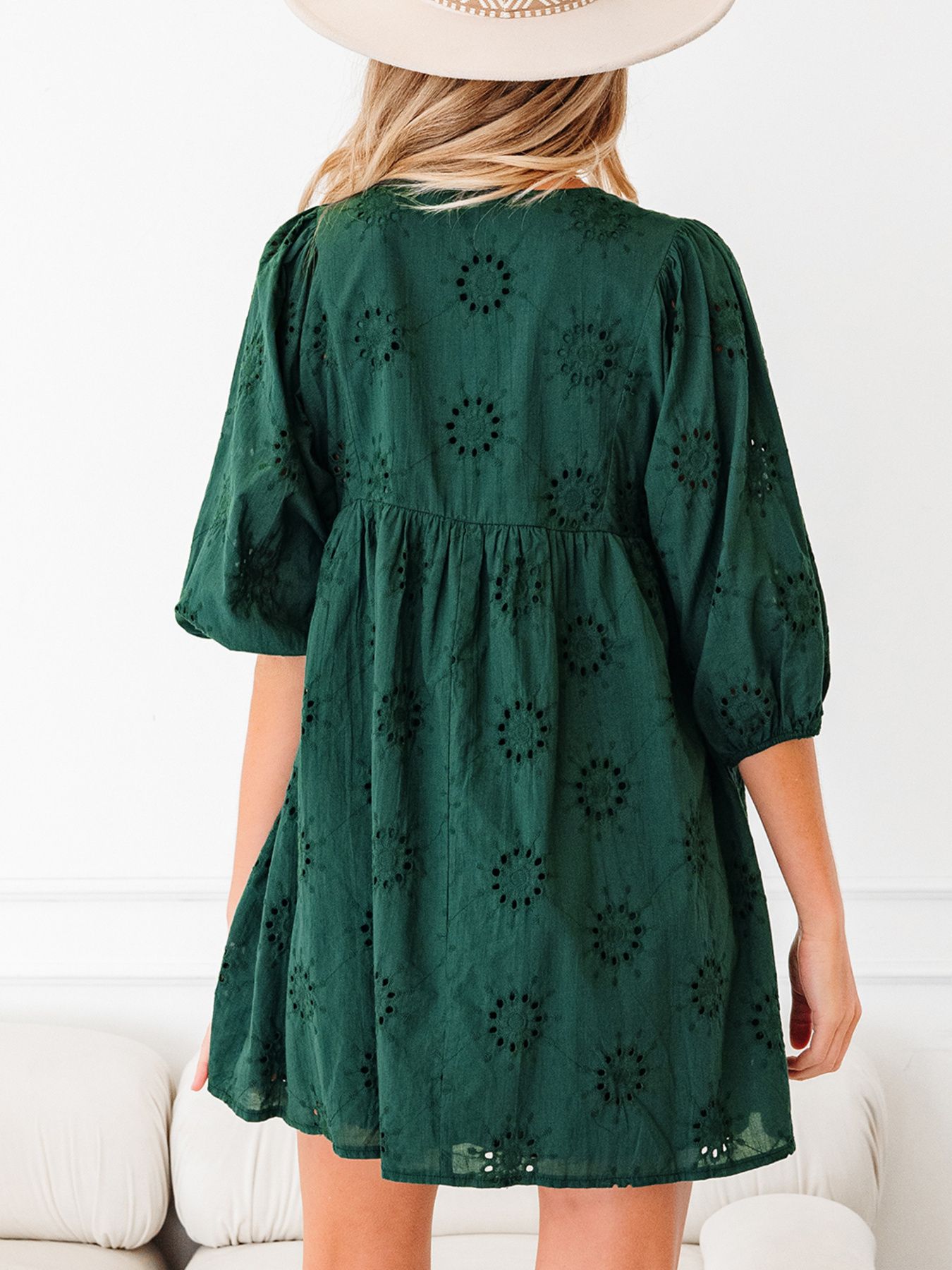 Embroidered Eyelet Pattern 3/4 Puffy Sleeve Swing Mini Dress