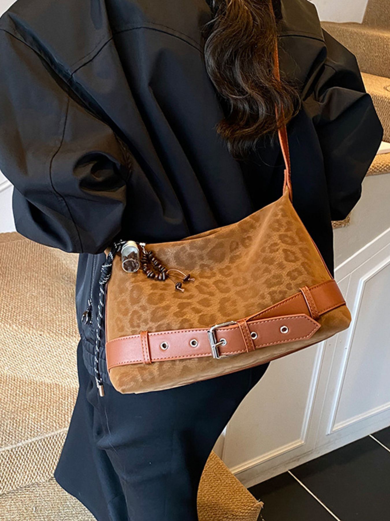 Leopard Print Suede Crossbody Bag