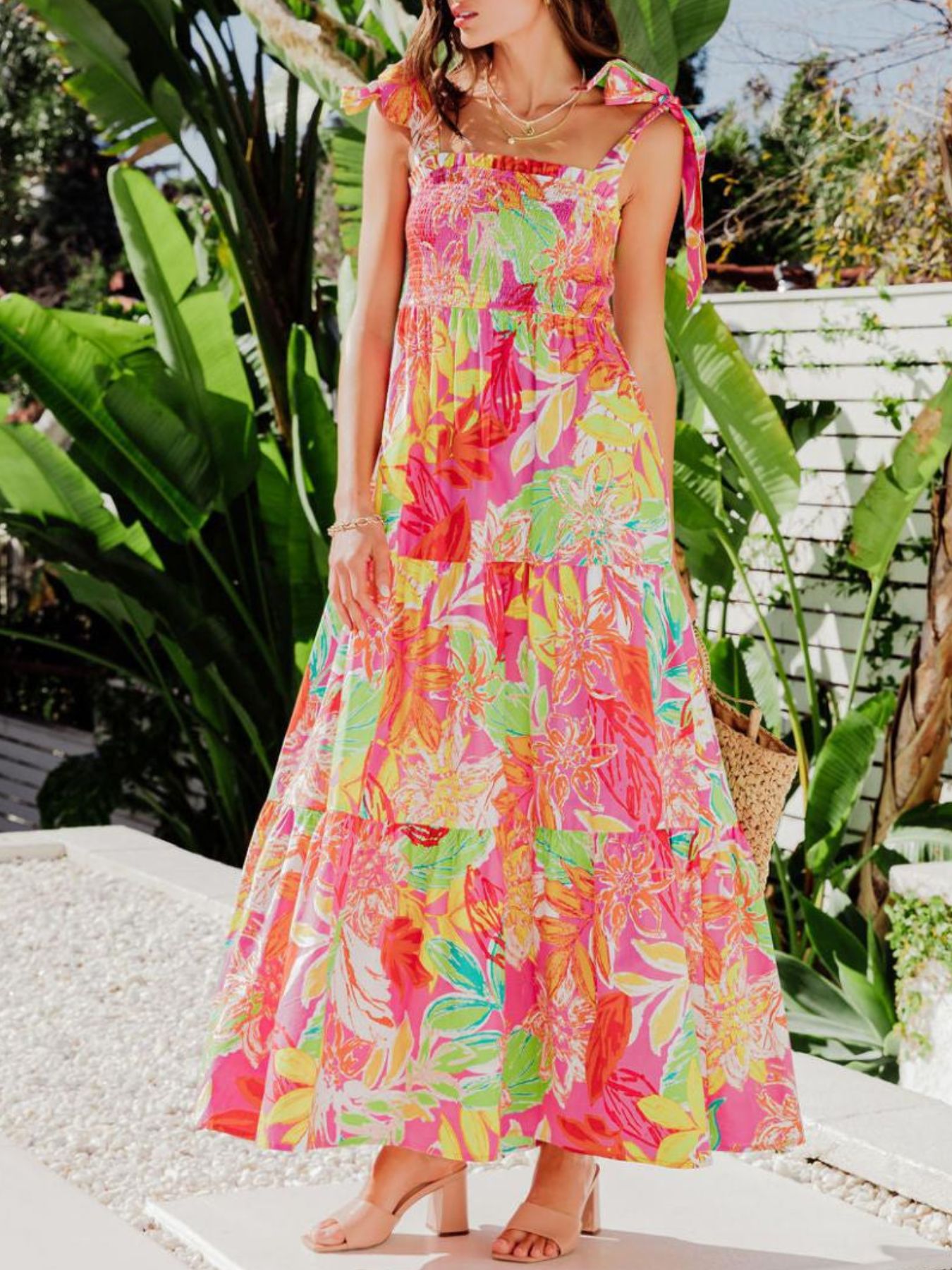 Tropical Print Tie Shoulder Maxi Dress