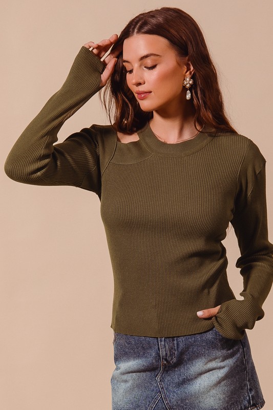 Rib Knit Top with Shoulder Cut Out