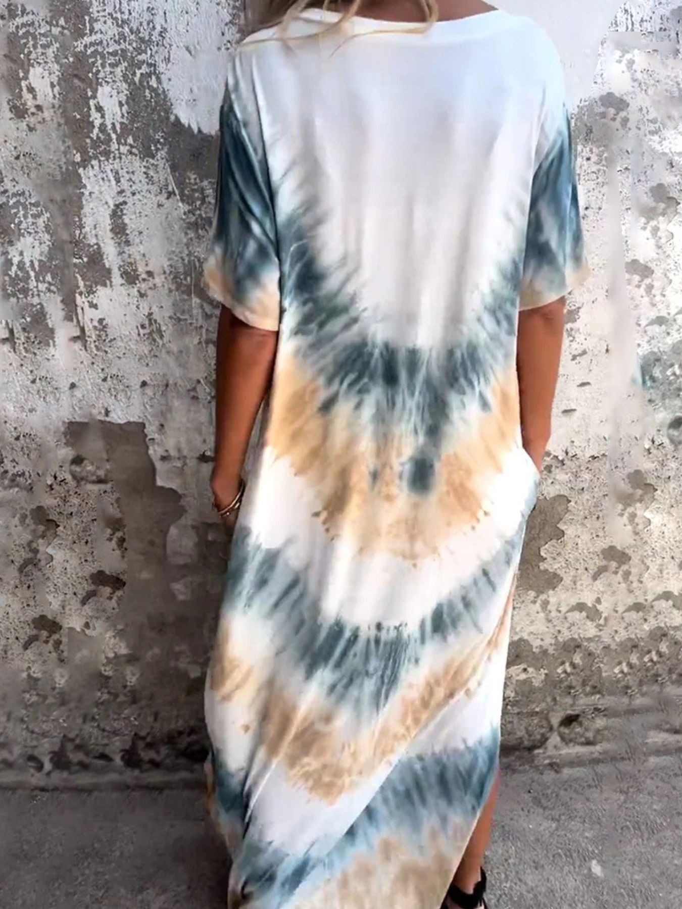 Full Size Tie-Dye V-Neck Midi Dress with Pockets Plus Size