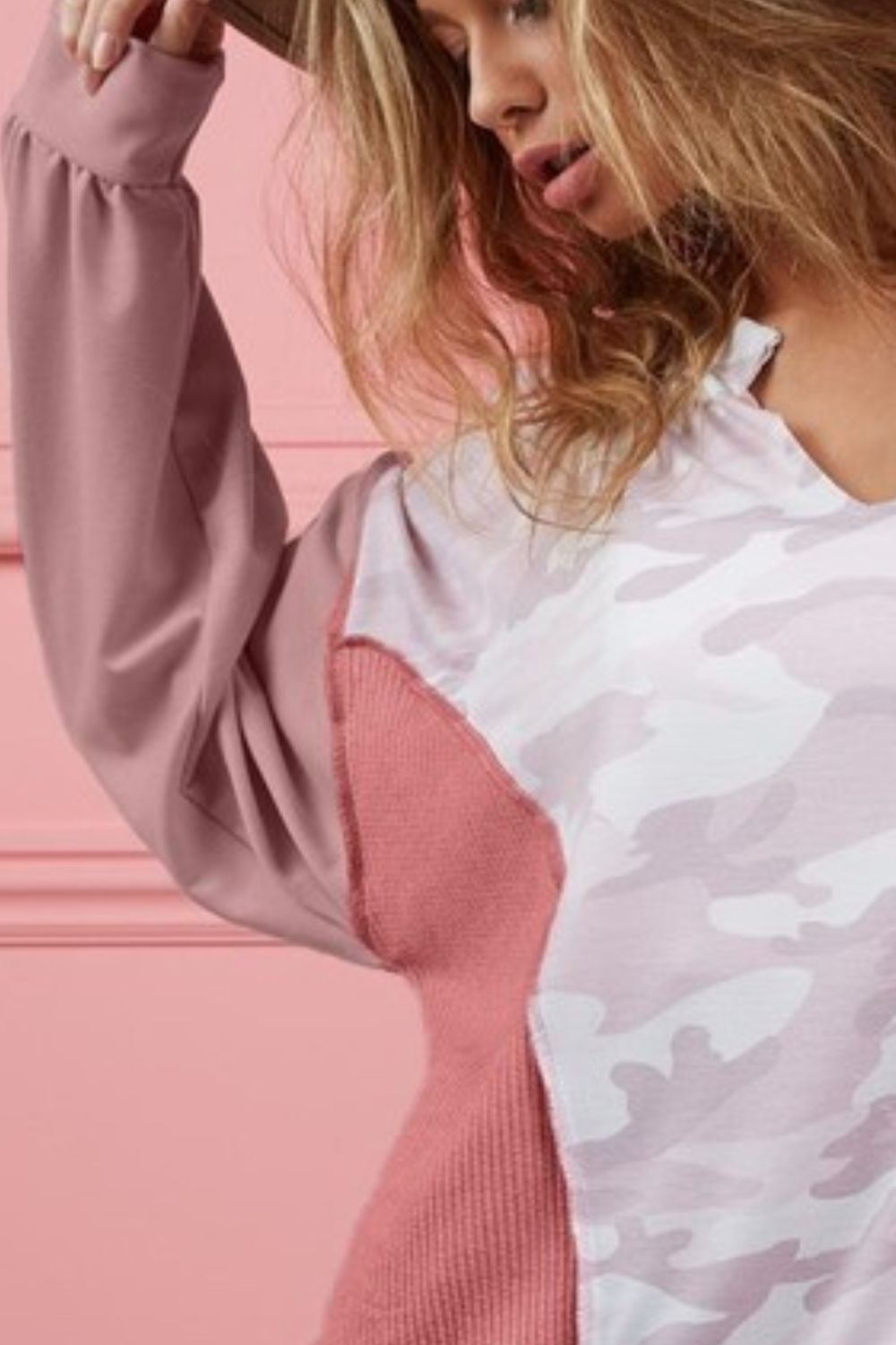 Camo Printed French Terry Knit Color Block Top