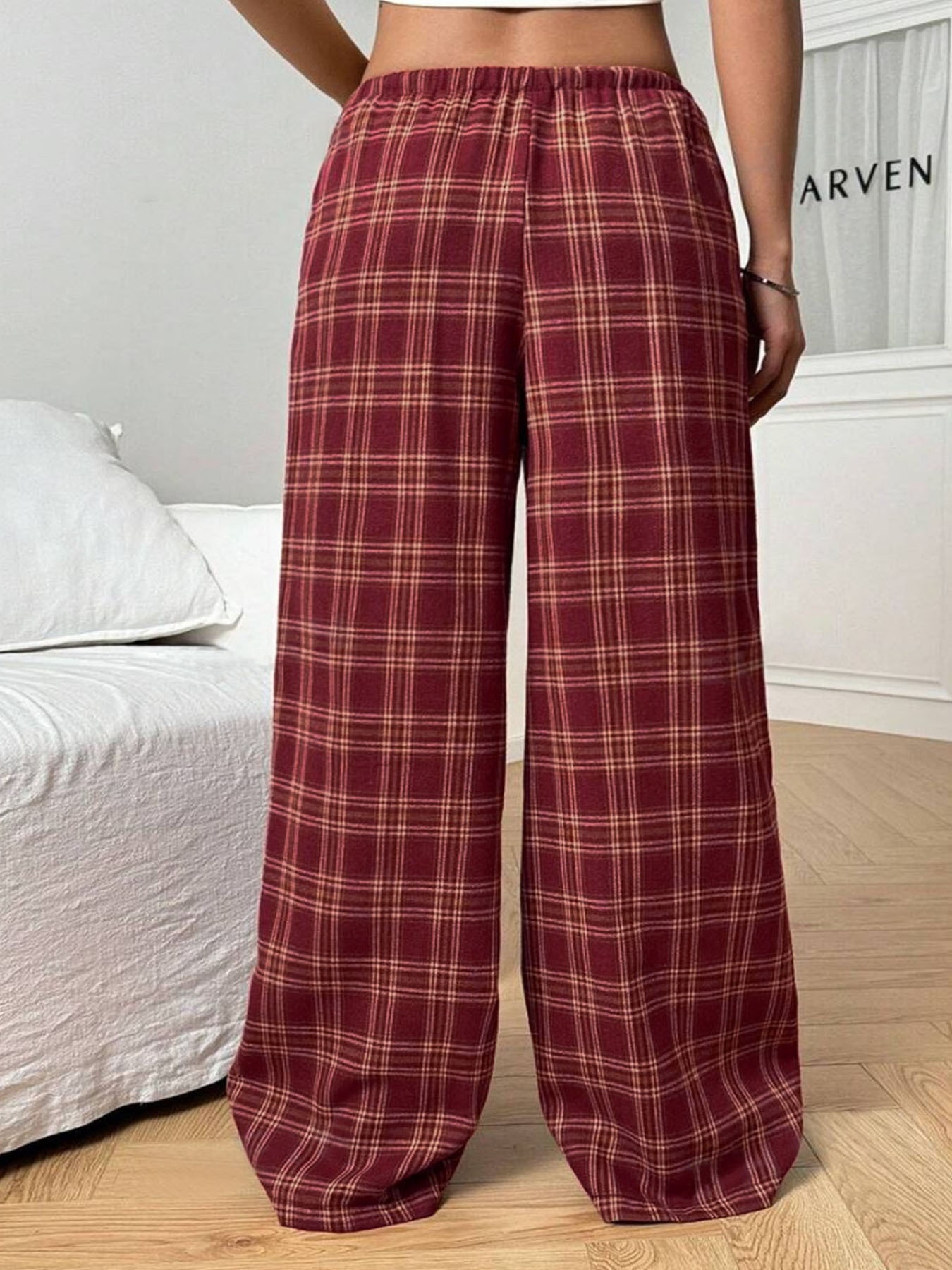 Plaid Drawstring Wide Leg Pants