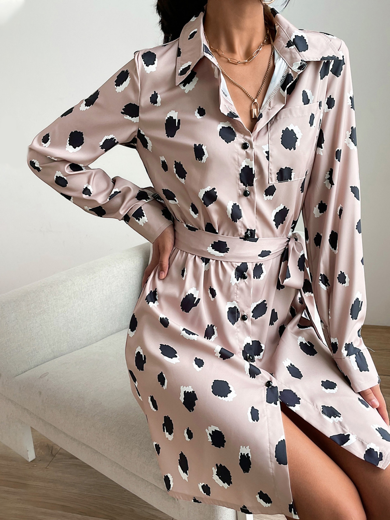 Printed Long Sleeve Mini Shirt Dress