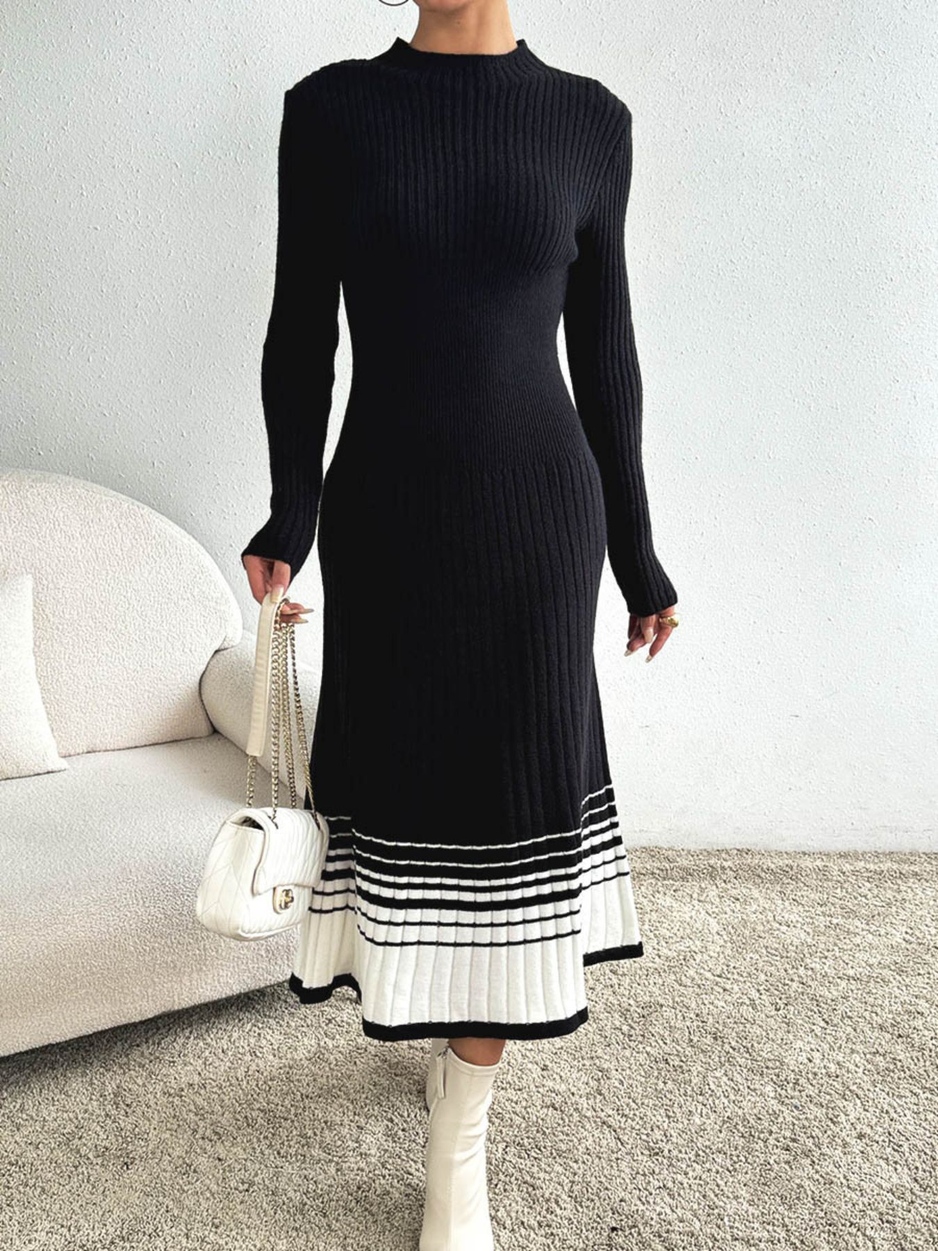 Ribbed Knit Sweater Dress with Striped Hem