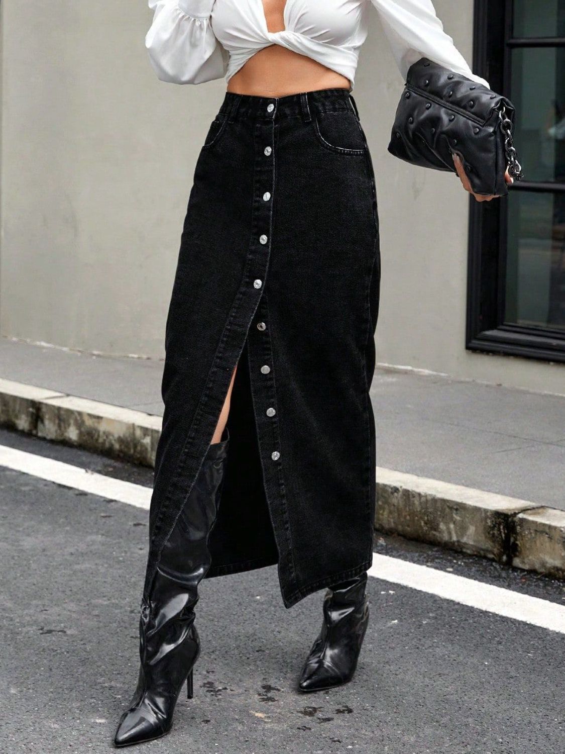 Button Front Denim Skirt