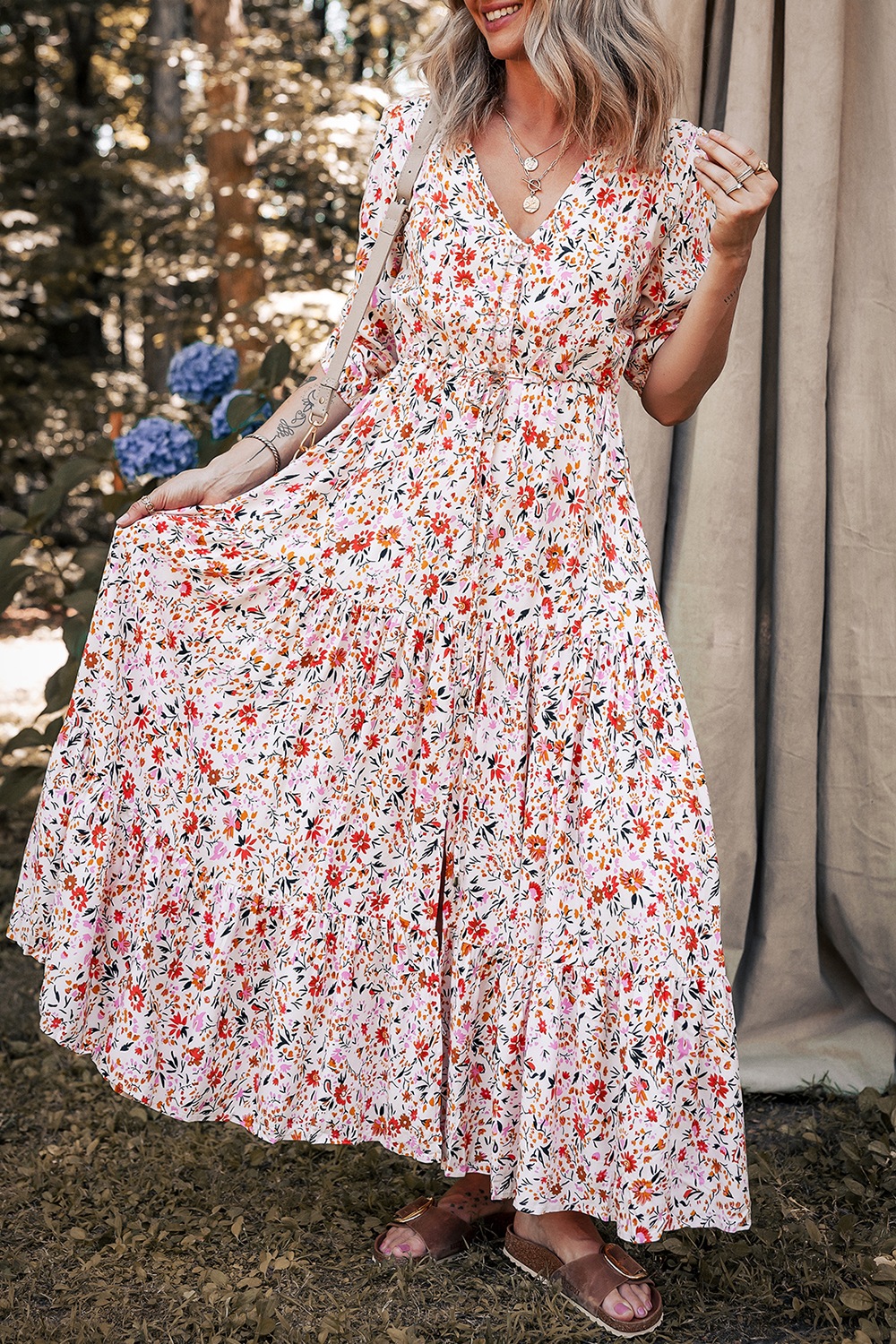 Boho Half Sleeve Floral V Neck Maxi Dress