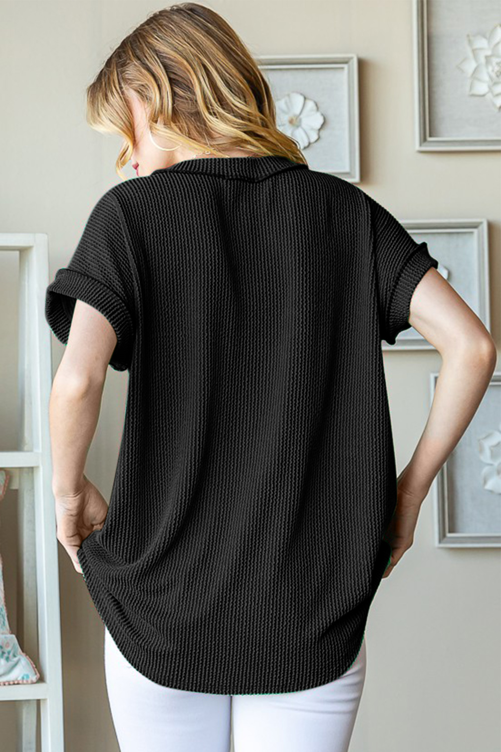 Full Size Front Pocket Short Sleeve Ribbed Top