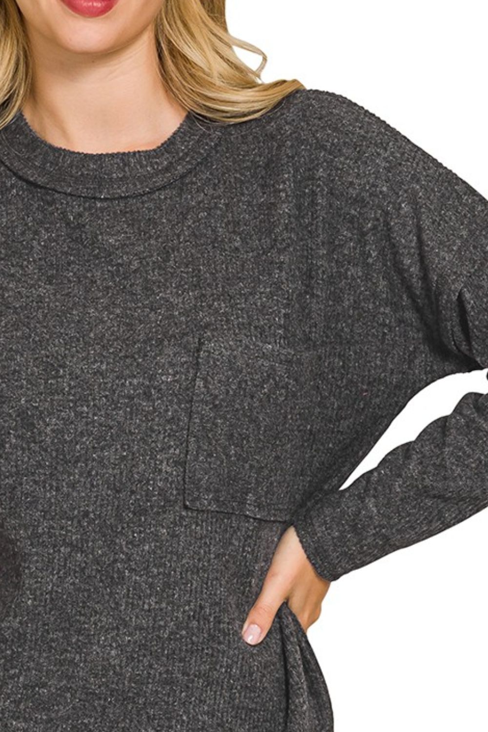 Ribbed Brushed Melange Hacci Sweater with Chest Pocket