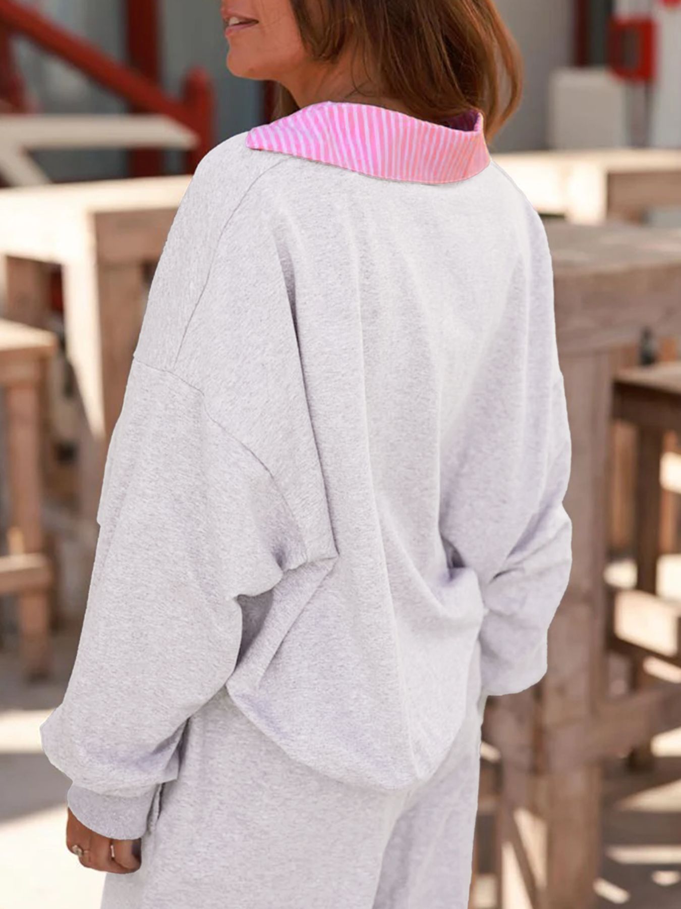 Contrasted Trim Frilled Collar Drop Shoulder Top and Drawstring Pant Set