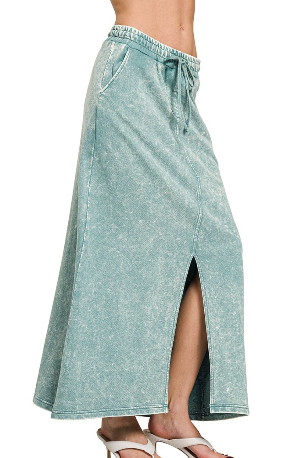 French Terry Acid Washed Front Slit Long Skirts