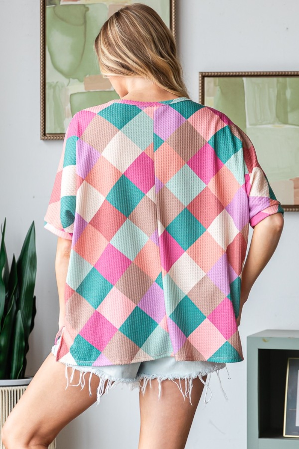 Full Size Multi Colored Argyle Side Slit T-Shirt