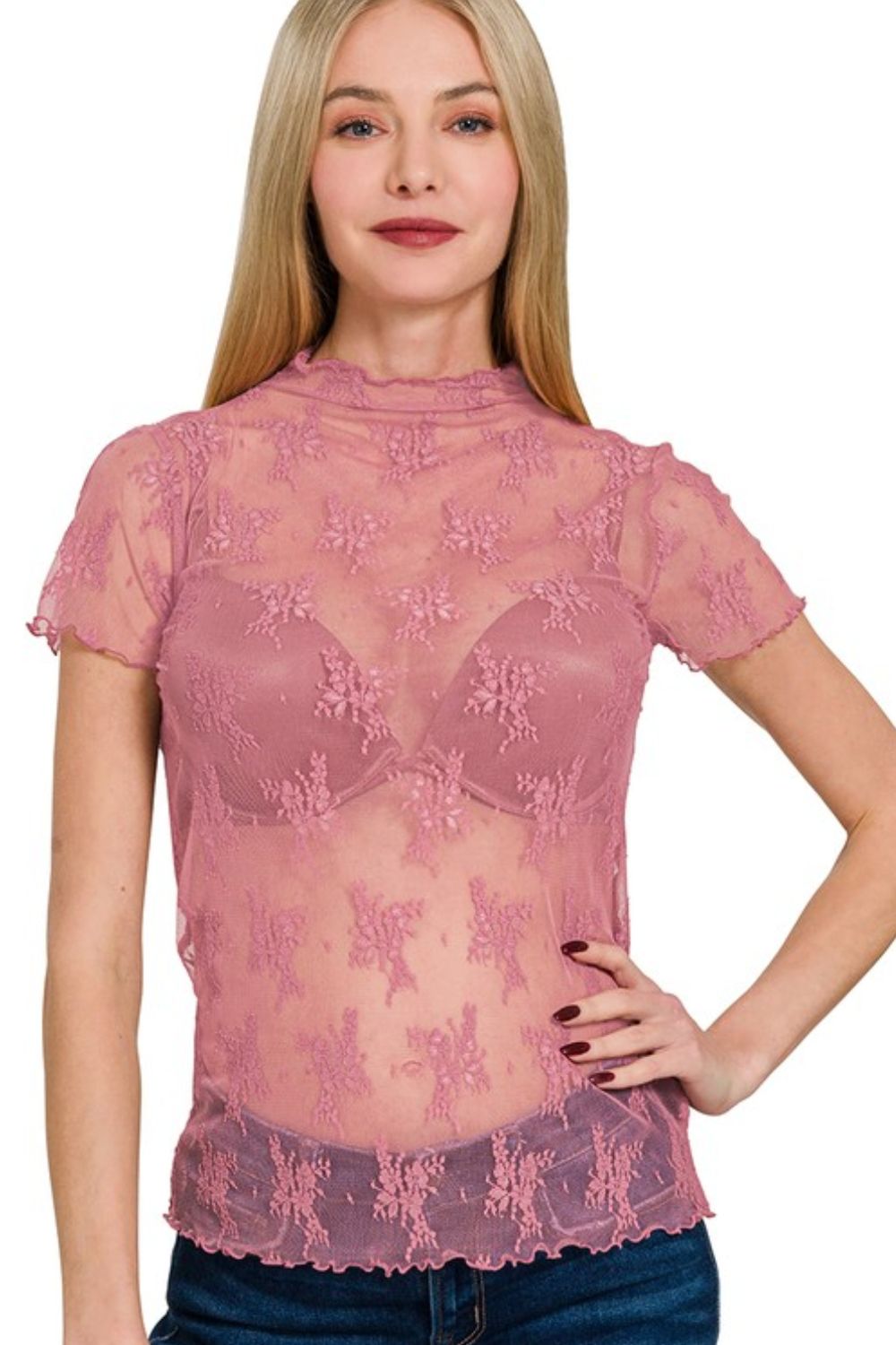 Lace See-through Layering Short Sleeve Top