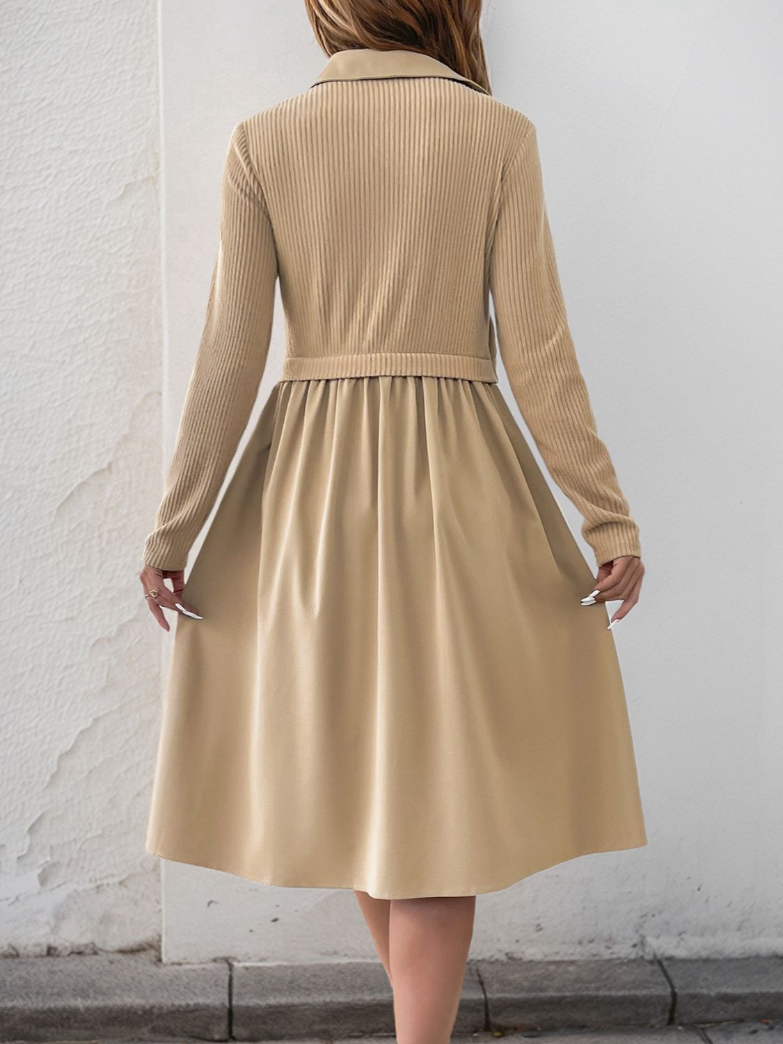 Fake Two Piece Collared Neck Long Sleeve Midi Dress