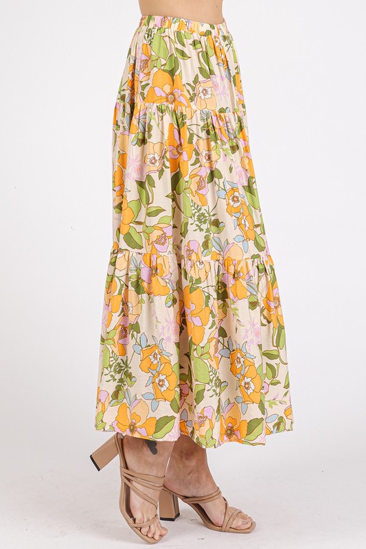 Flower Print Elastic Waist Tiered Skirt