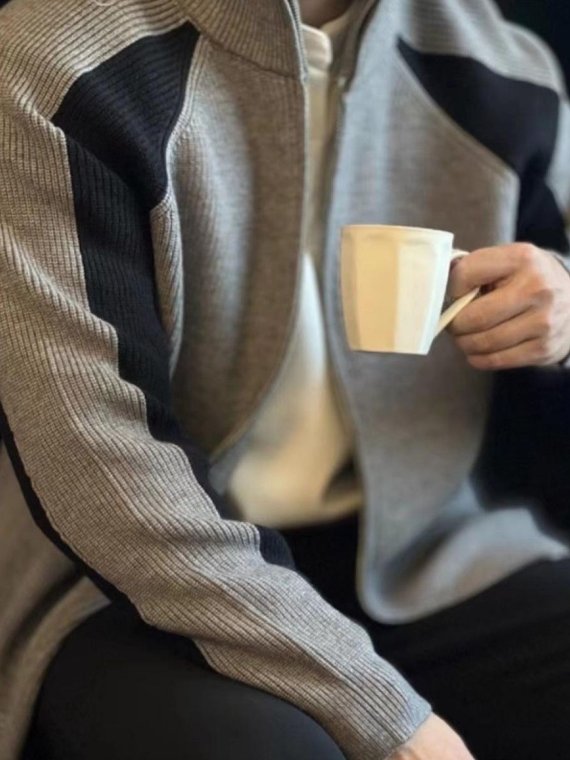 Men's Plus Size Color Block Ribbed Knit Zip-Up Cardigan