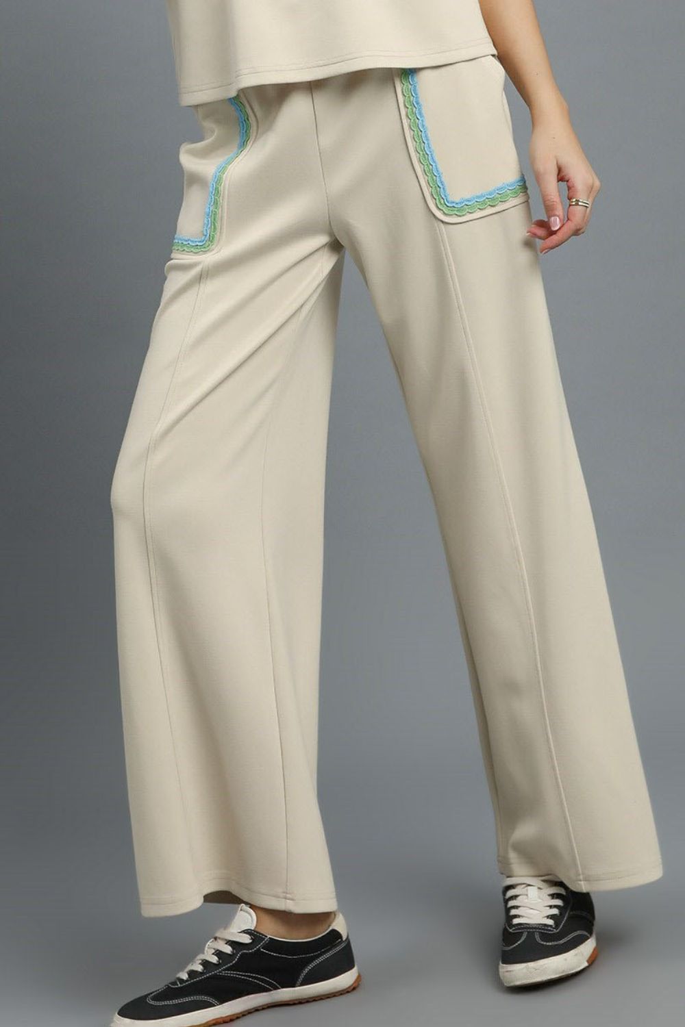 Umgee Drawstring Wide Leg Pants with Scallop Trim Detail