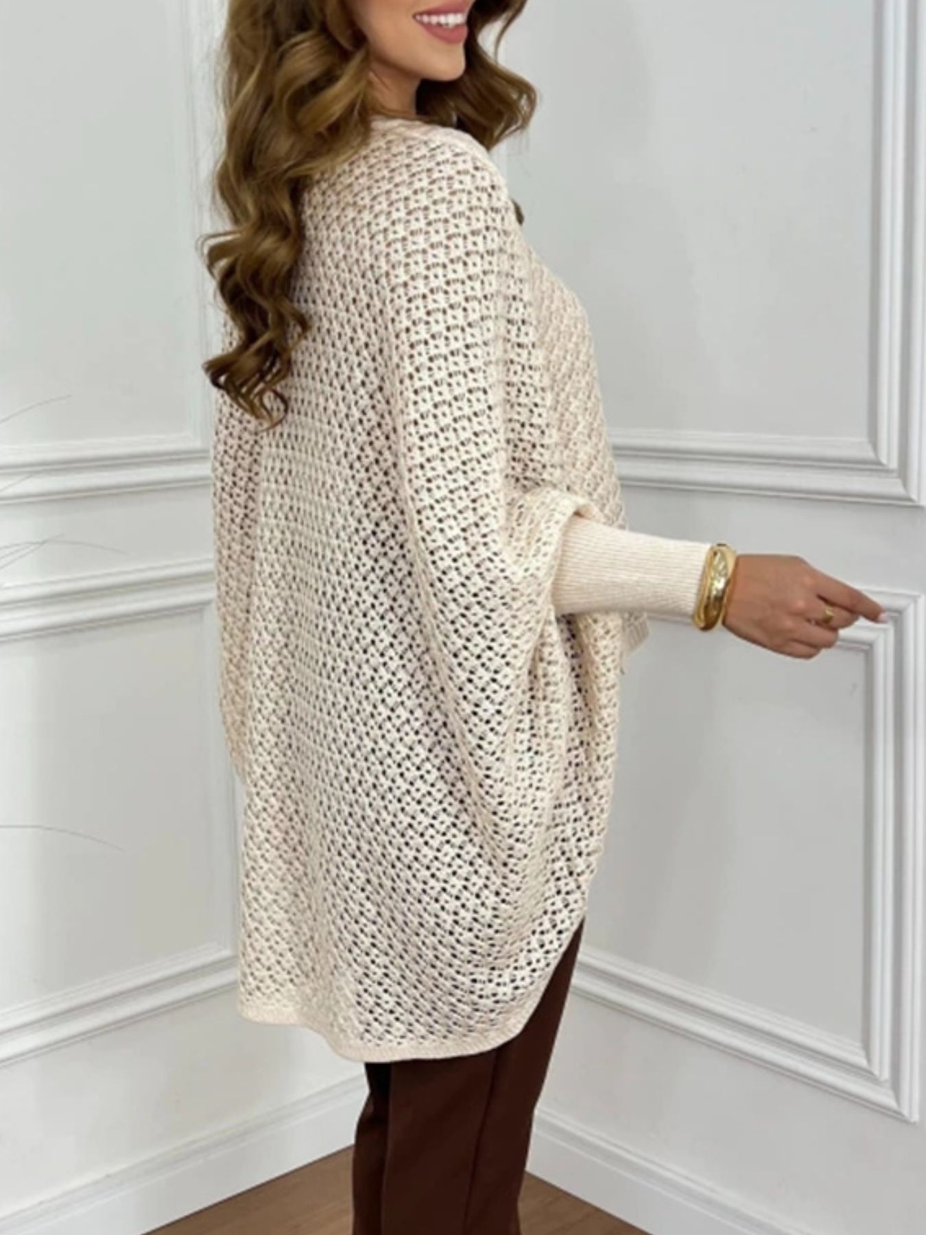 Crochet V-Neck Batwing Sleeves Oversized Sweater