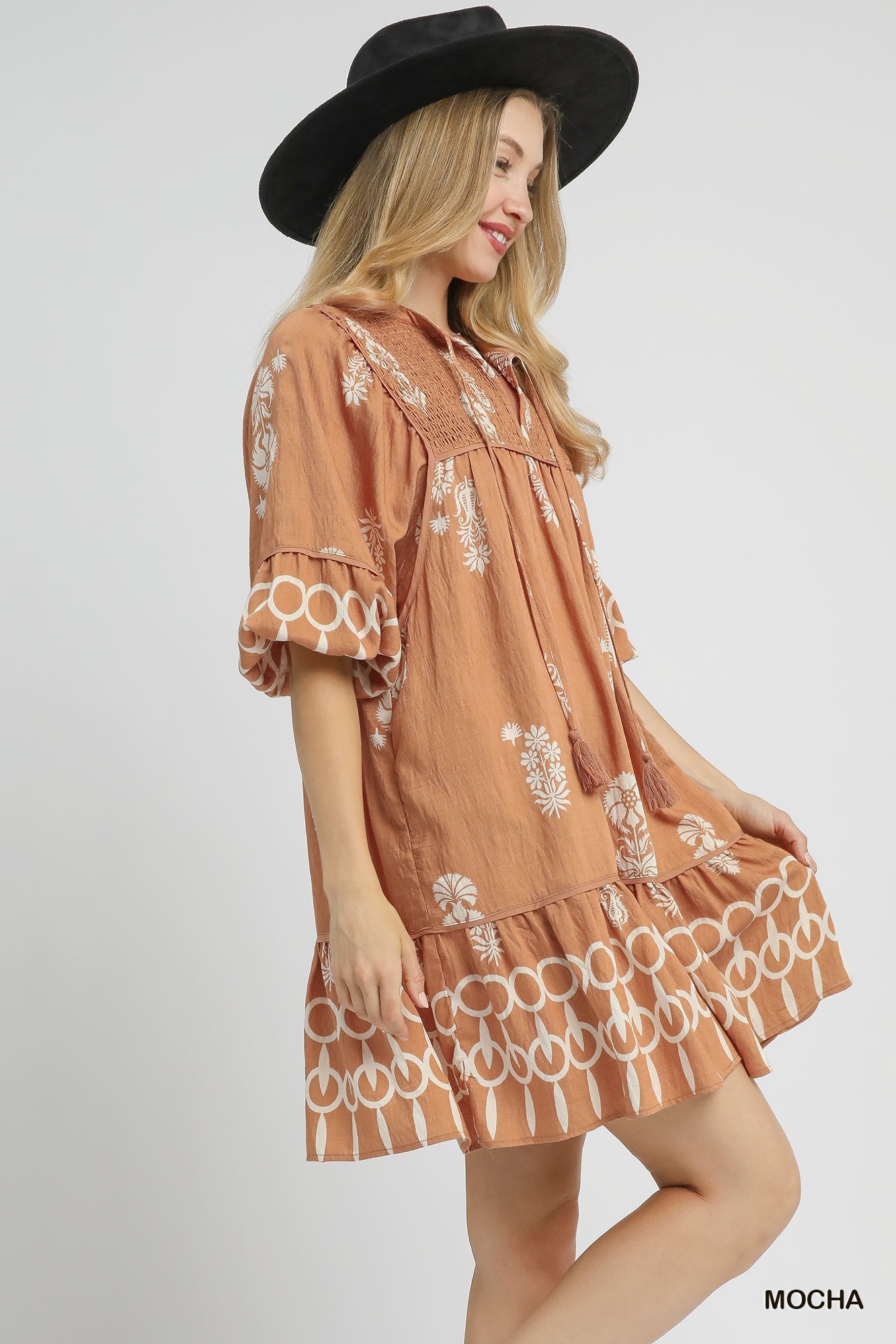 Umgee Boarder Print Tassel Tie Neck Mini Dress