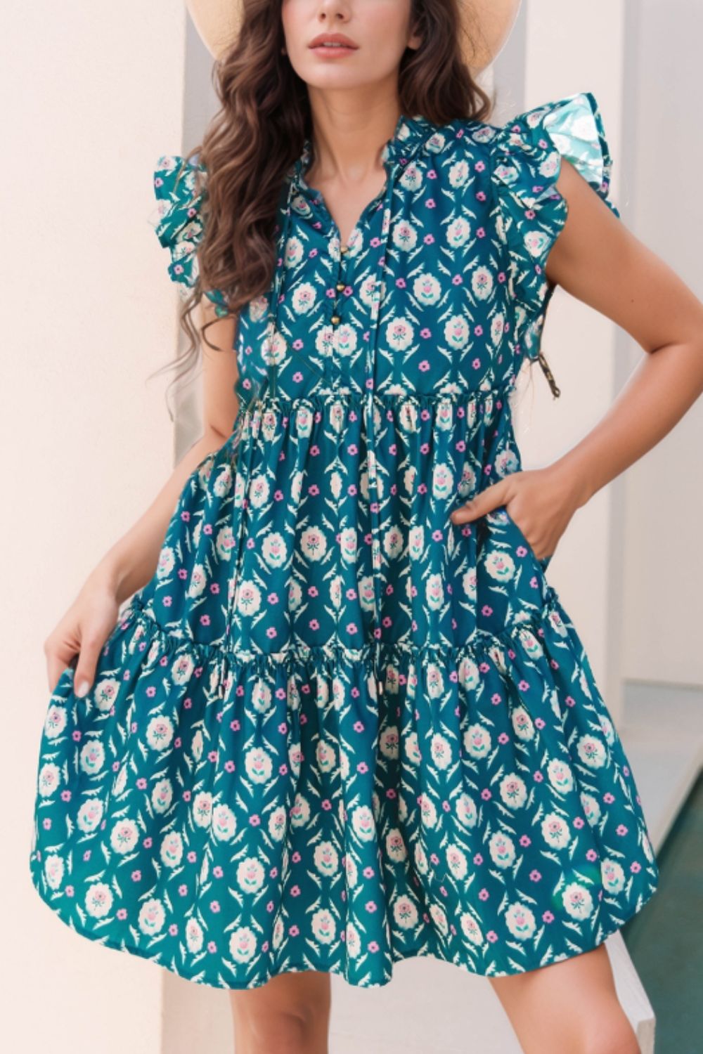 Printed Tie Neck Ruffled Cap Sleeve Dress