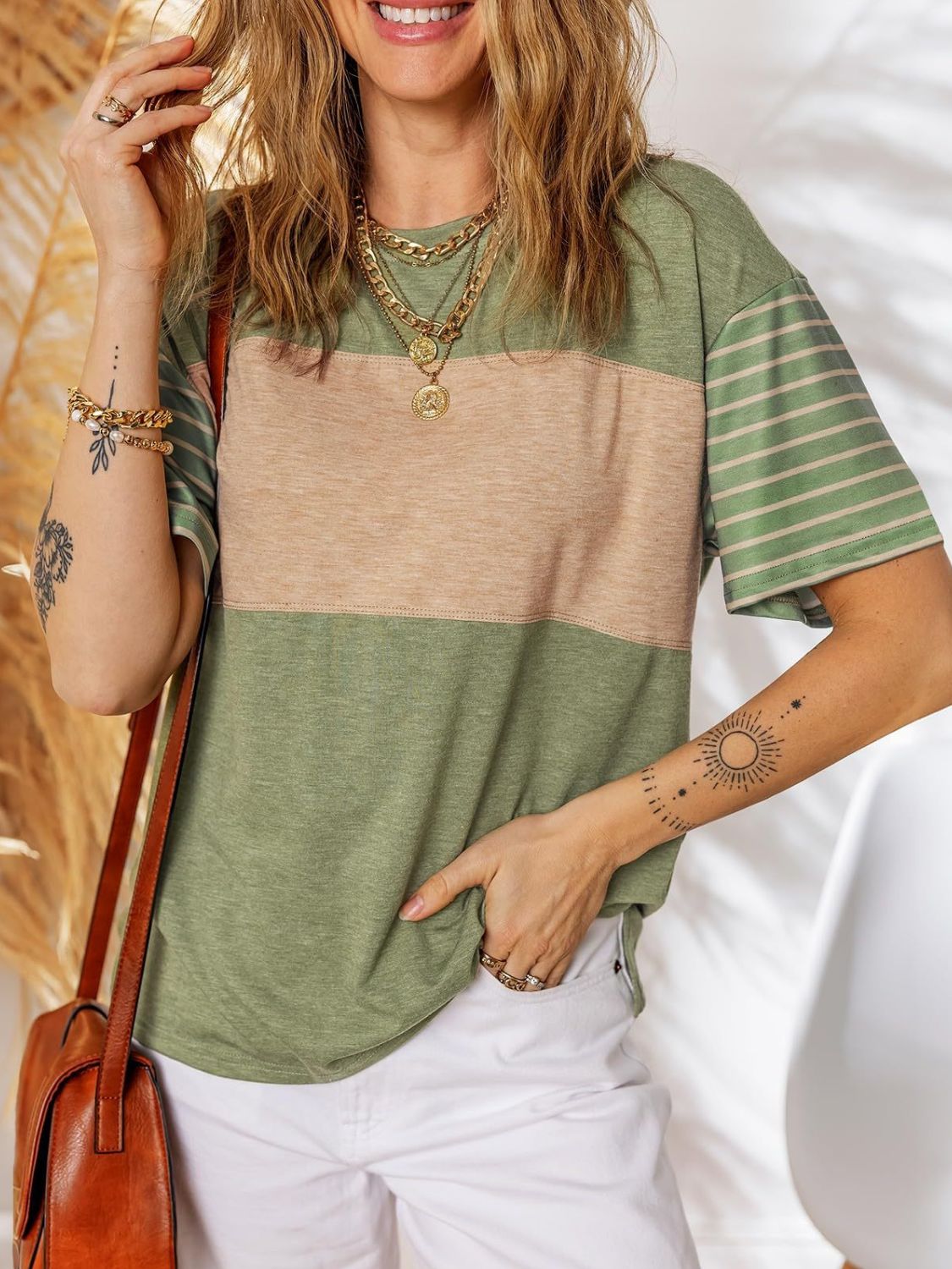 Color Block Striped Sleeve Casual T-Shirt