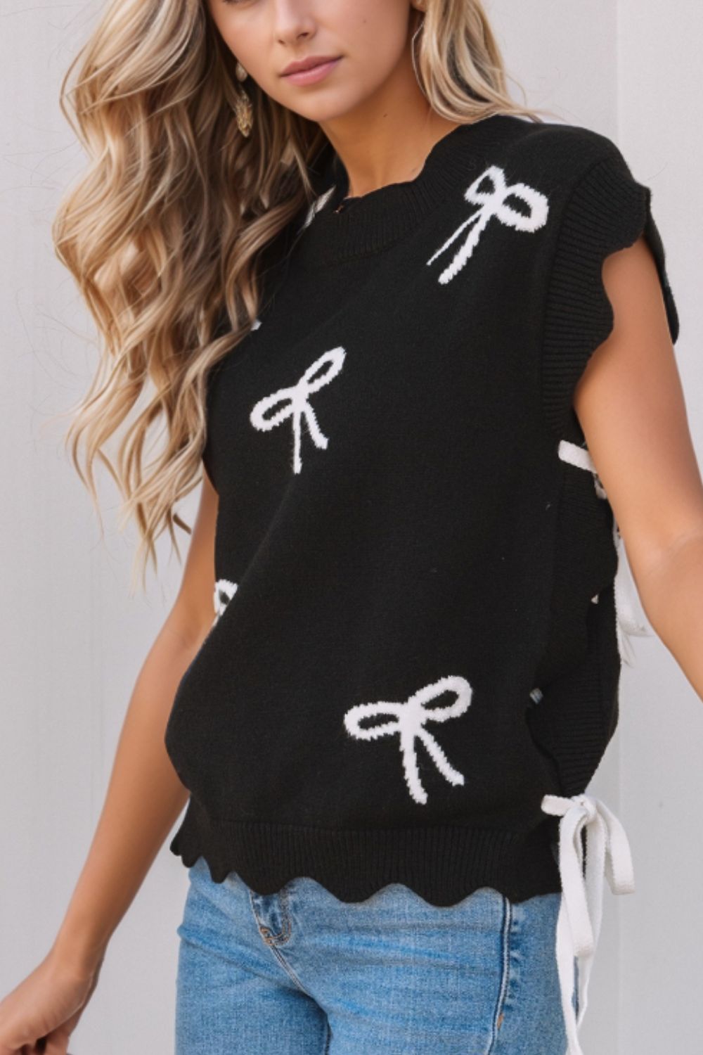 Bow Side Ties Scalloped Hem Cap Sleeve Sweater