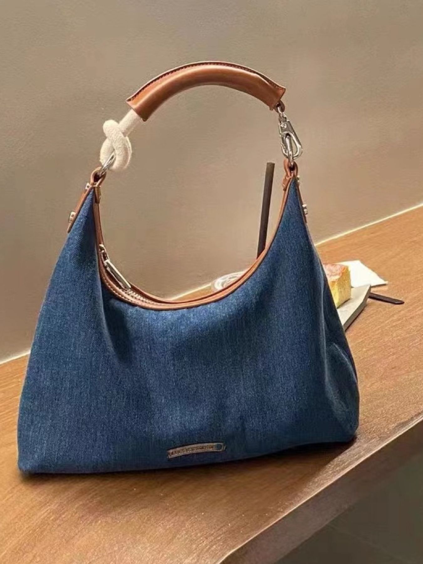 Denim Shoulder Bag with Leather Handle