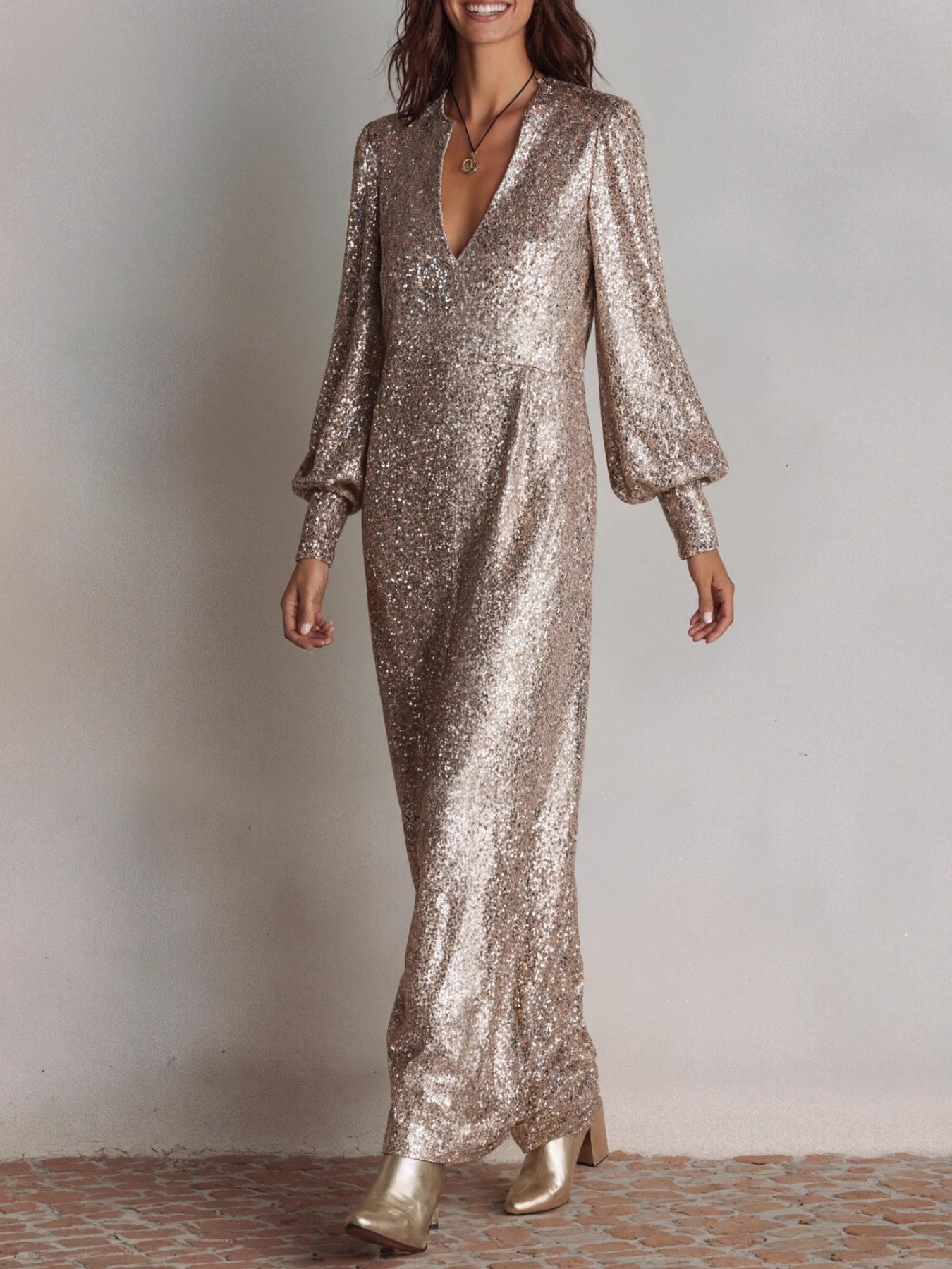 Sequin Notched Lantern Sleeve Maxi Dress 3