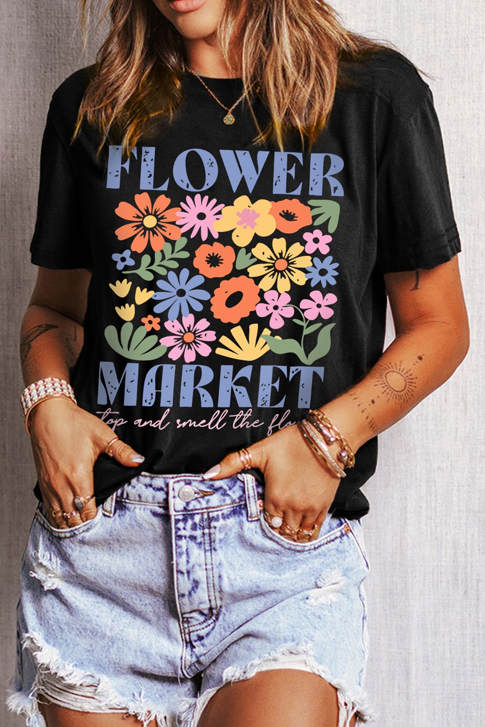 Flower Market Graphic Round Neck T-Shirt