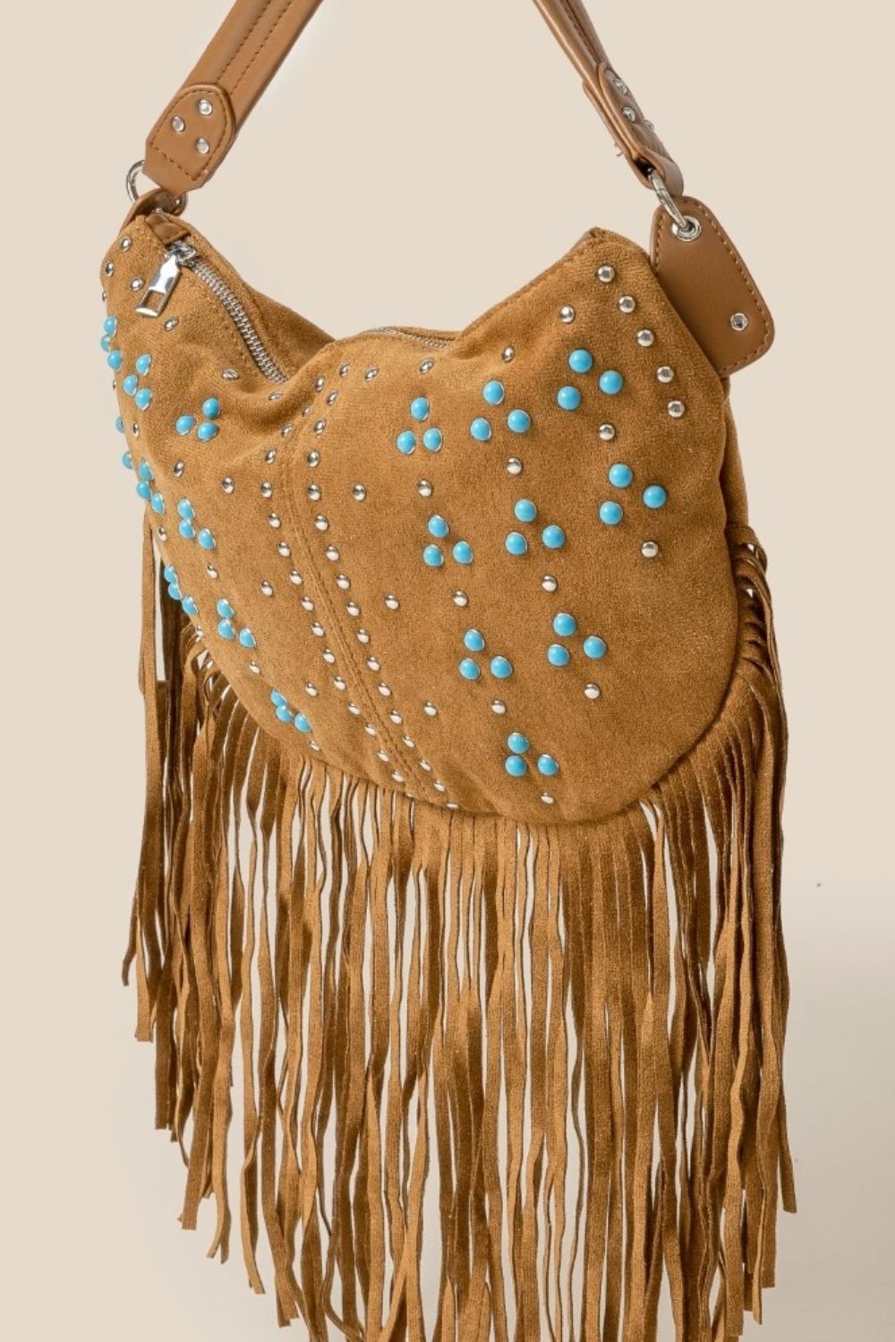 Fame Studded Pattern Multi Fringe Hobo Shoulder Bag