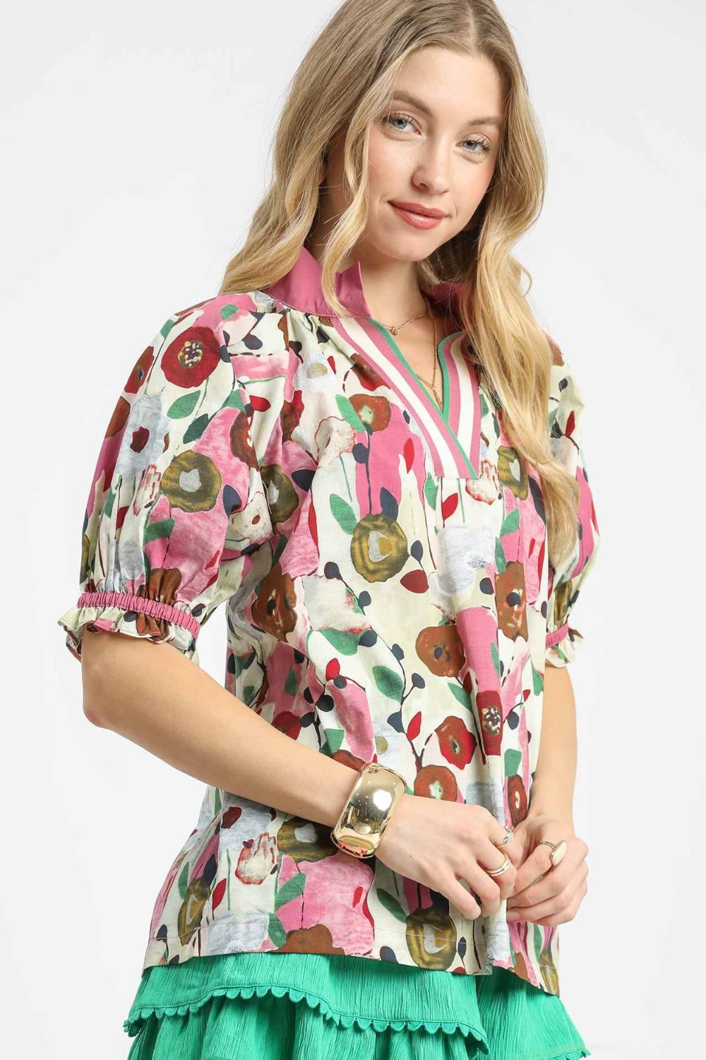 Umgee Floral Print Puff Sleeve Oversized Blouse